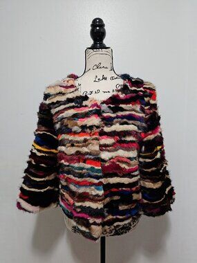 NewReal Mink Fur Leather Puff Jacket Stroller Black Red Striped Paneled No Fox